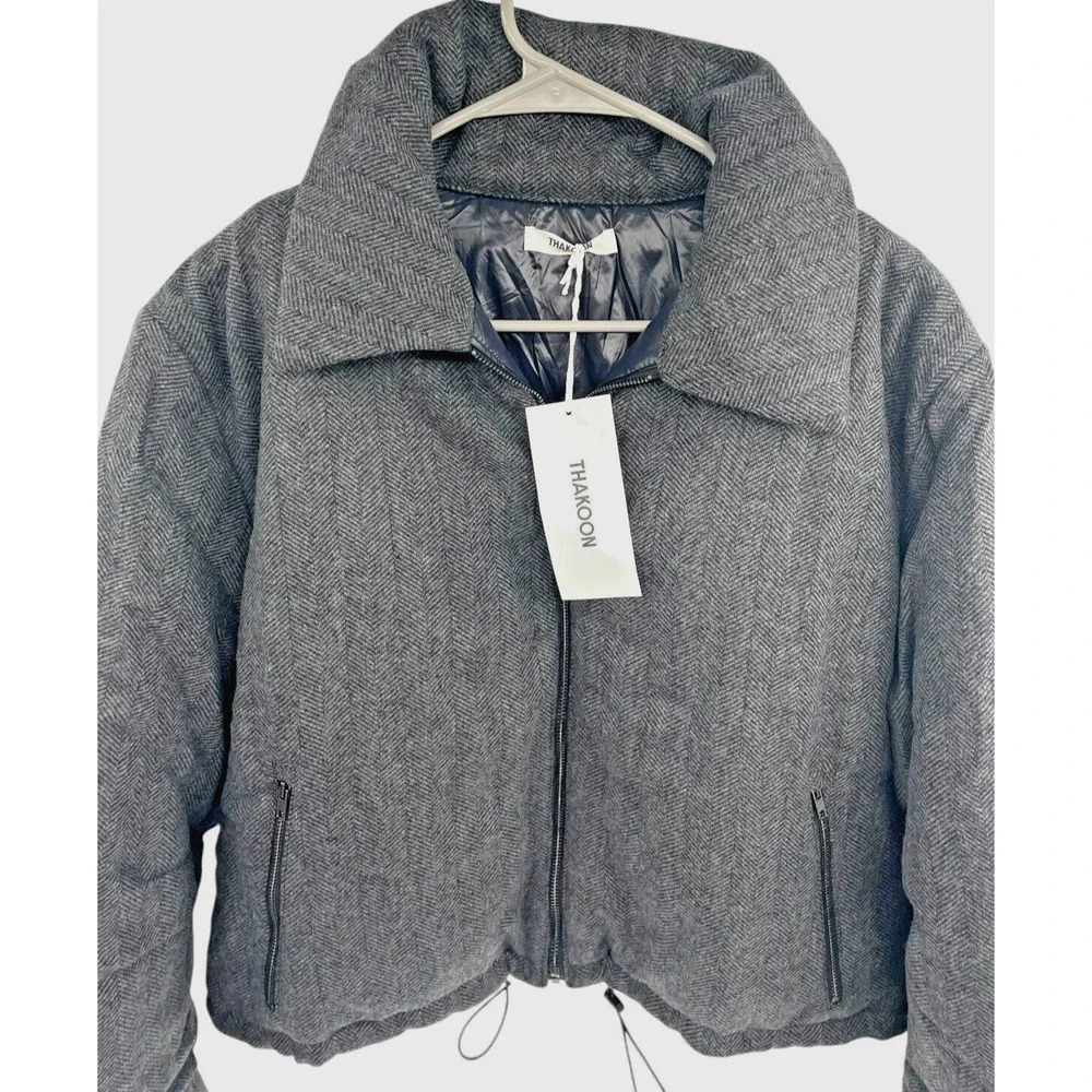 Thakoon Womens Black Combo Herringbone Reversible Bomber Jacket Size L NWT